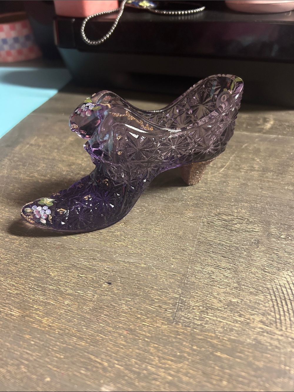 Fenton‎ Purple Pressed-Glass Decorative Shoe with Hand-Painted Grapes 95th ann